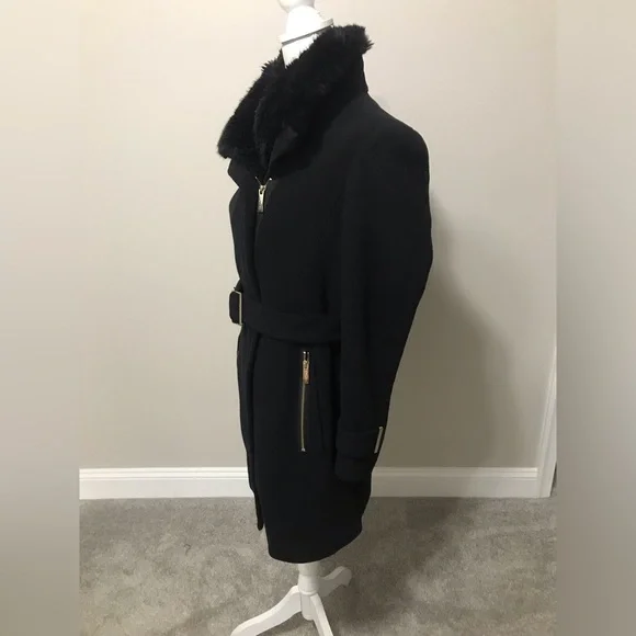 Calvin Klein Black Belted faux fur collar Coat - Picture 3 of 12